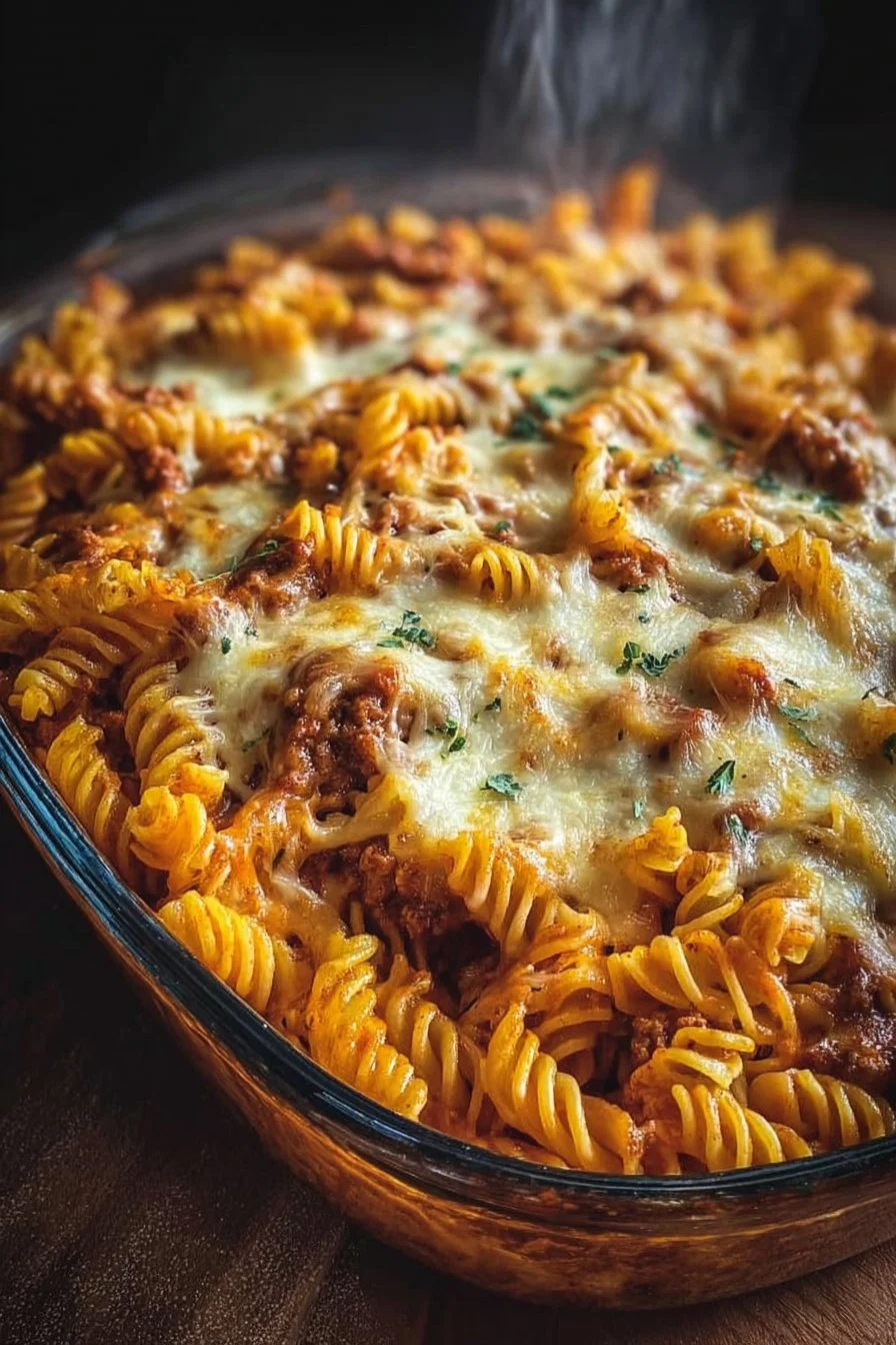 Cottage Cheese Protein Pasta Bake served in a dish with fresh herbs and cheese