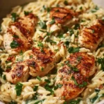 Creamy Boursin orzo chicken served on a plate with herbs and vegetables