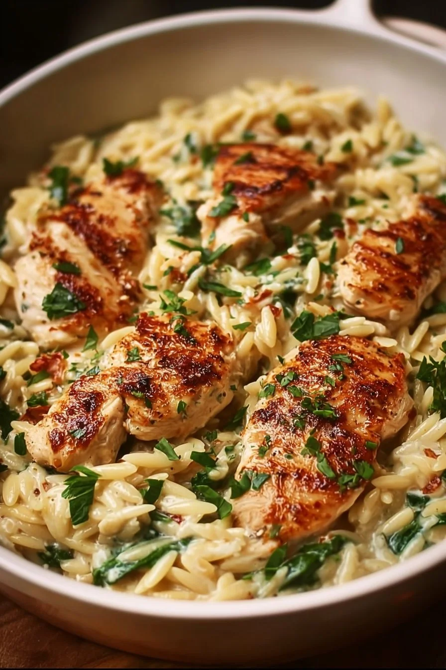 Creamy Boursin Orzo Chicken 3 Creamy Boursin orzo chicken served on a plate with herbs and vegetables