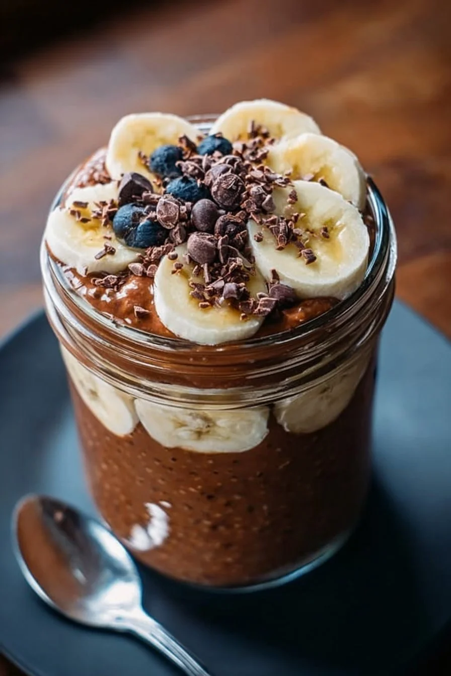 Creamy Brownie Batter Overnight Oats 3 Creamy brownie batter overnight oats in a mason jar topped with chocolate chips