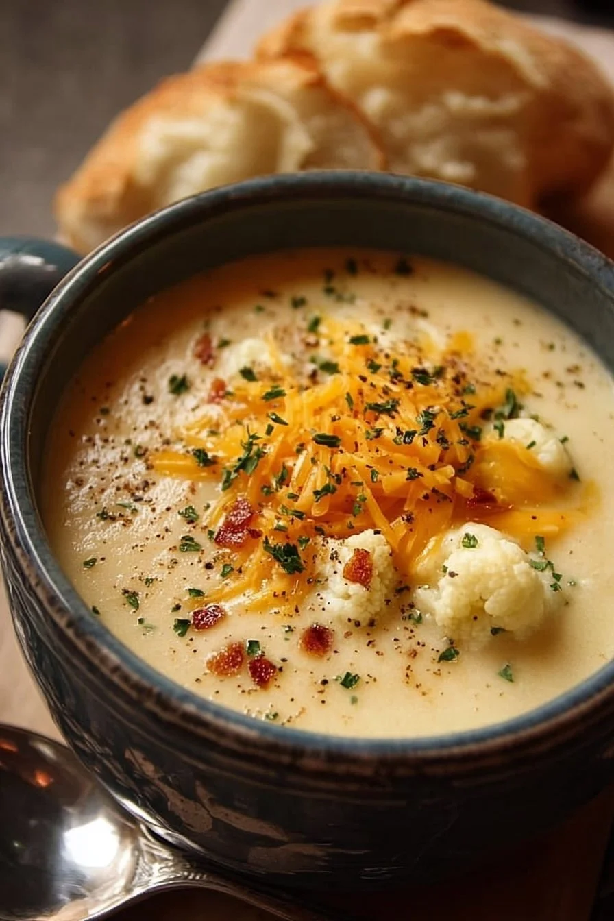 Bowl of creamy cheddar cauliflower soup garnished with herbs and cheese