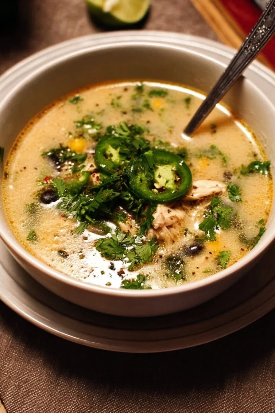 Bowl of creamy Chicken Poblano Soup with poblano peppers and chicken
