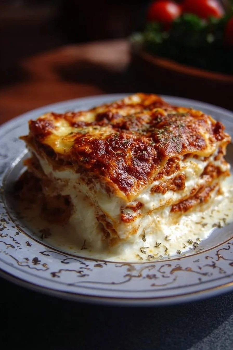 Creamy cottage cheese lasagna topped with fresh herbs and cheese