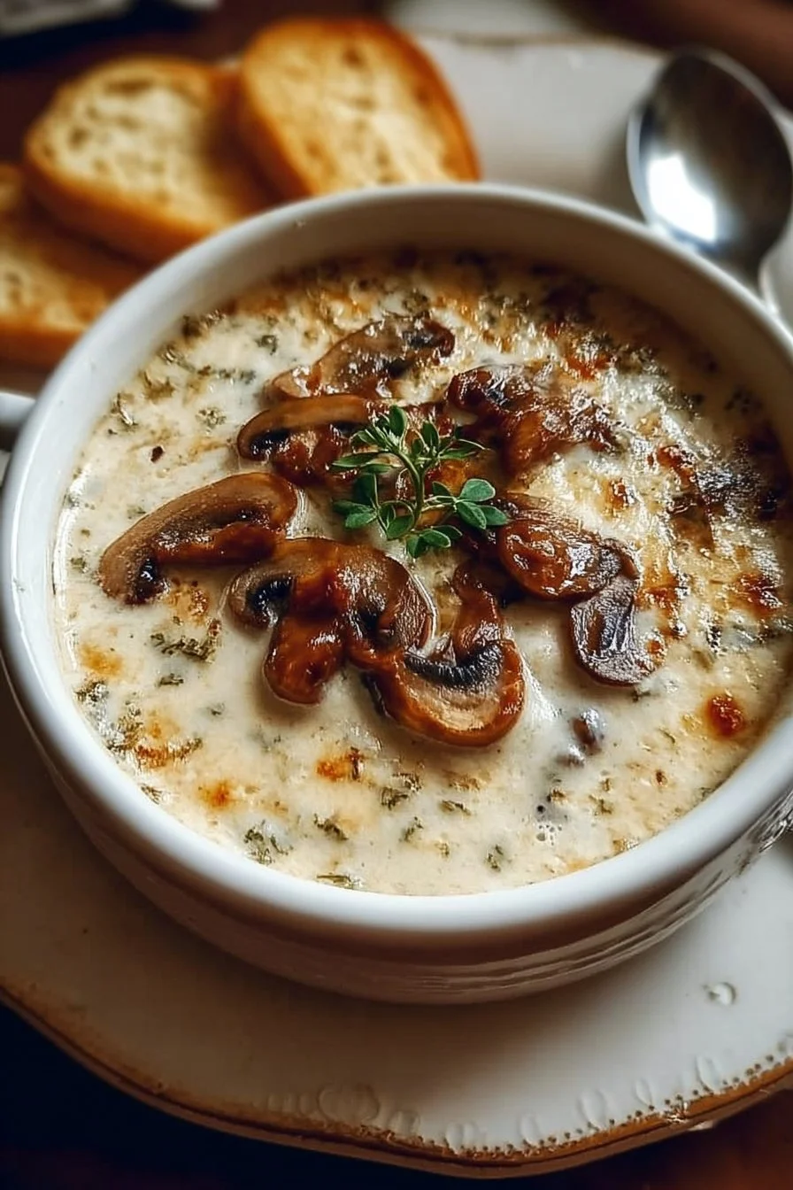 Creamy cottage cheese mushroom soup served in a bowl with herbs and spices.