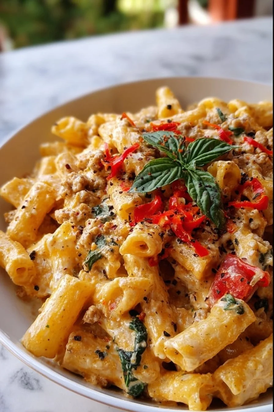 Creamy cottage cheese pasta dish with ground turkey and fresh vegetables