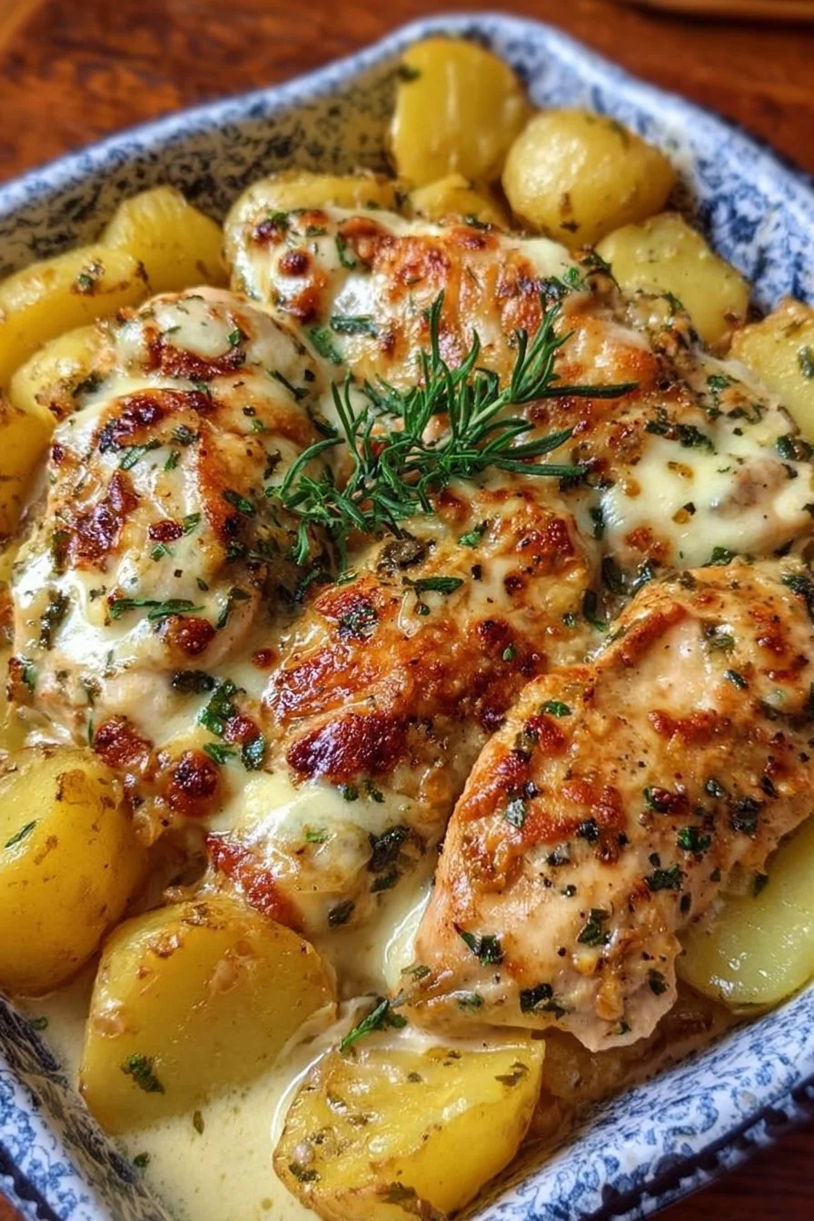 Creamy Garlic Cheesy Chicken and Potatoes 3 Creamy garlic chicken dish with cheesy potatoes, fresh herbs, and garlic flavor