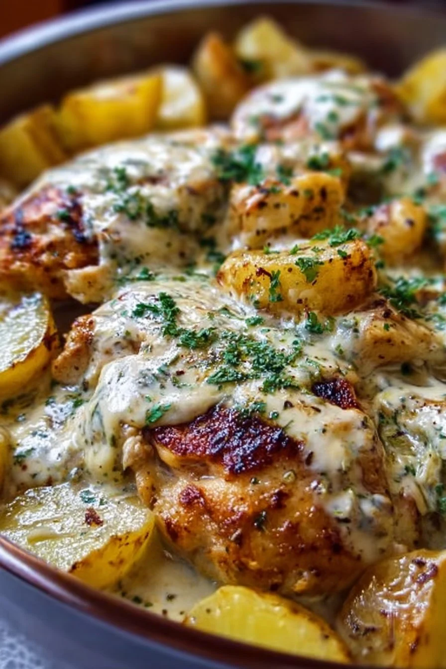 Creamy Garlic Cheesy Chicken & Potatoes 3 Creamy Garlic Cheesy Chicken with Potatoes in a serving dish