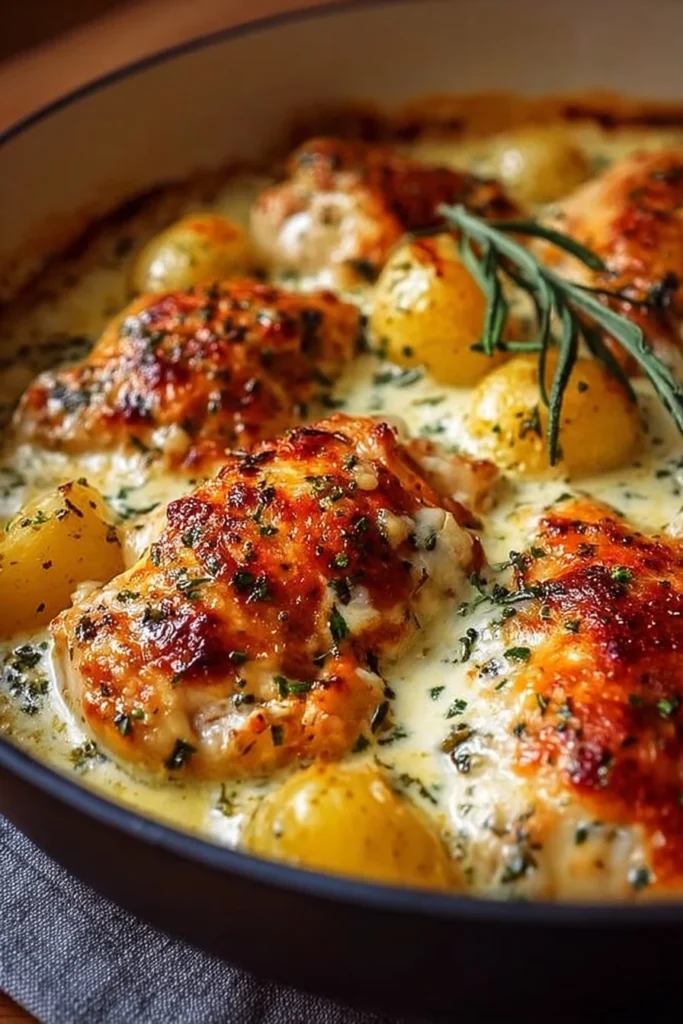 Creamy Garlic Cheesy Chicken served with potatoes