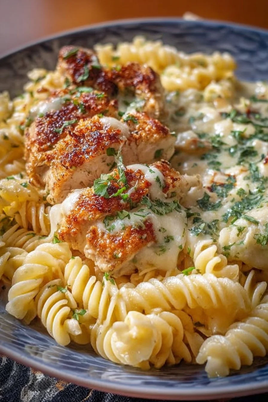 Creamy garlic Parmesan chicken served with cheesy twisted pasta in a bowl