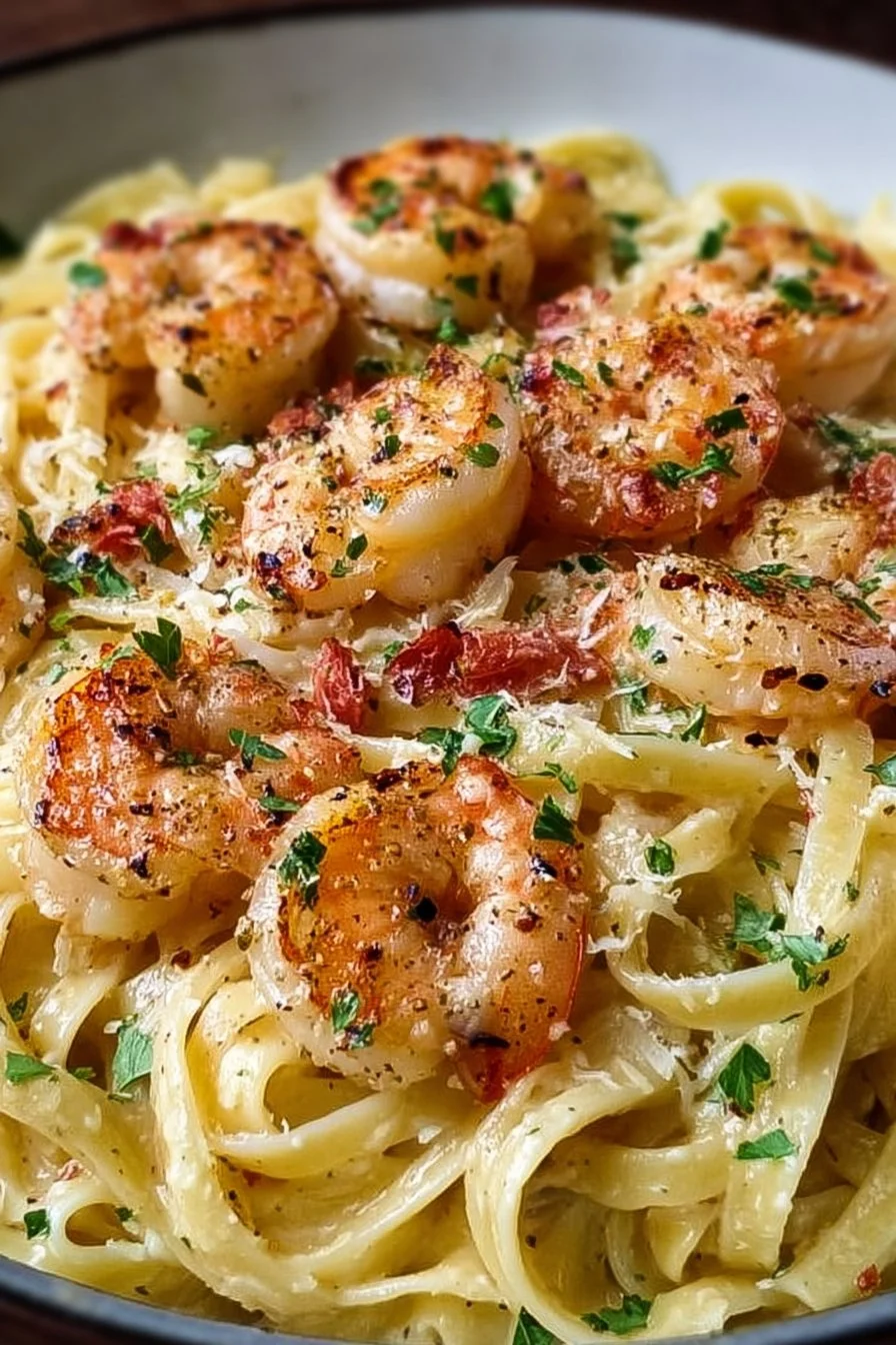 Delicious creamy garlic shrimp pasta served in a white bowl with parsley garnish.