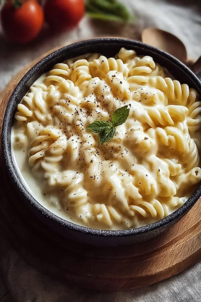 Creamy high-protein cottage cheese pasta sauce served in a bowl with herbs.