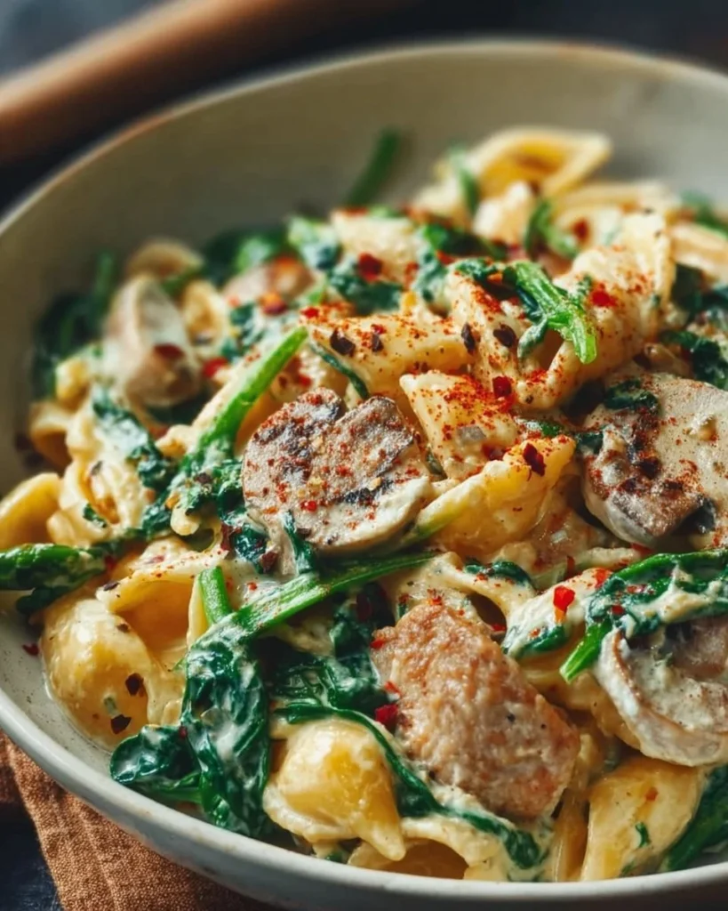 Creamy protein-packed pasta bowl with colorful vegetables and herbs