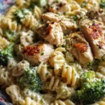 Creamy pasta with rotisserie chicken and broccoli served in a bowl