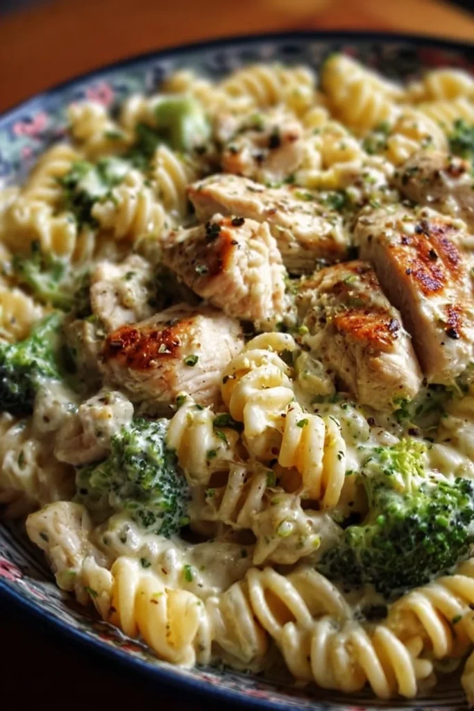 Creamy pasta with rotisserie chicken and broccoli served in a bowl