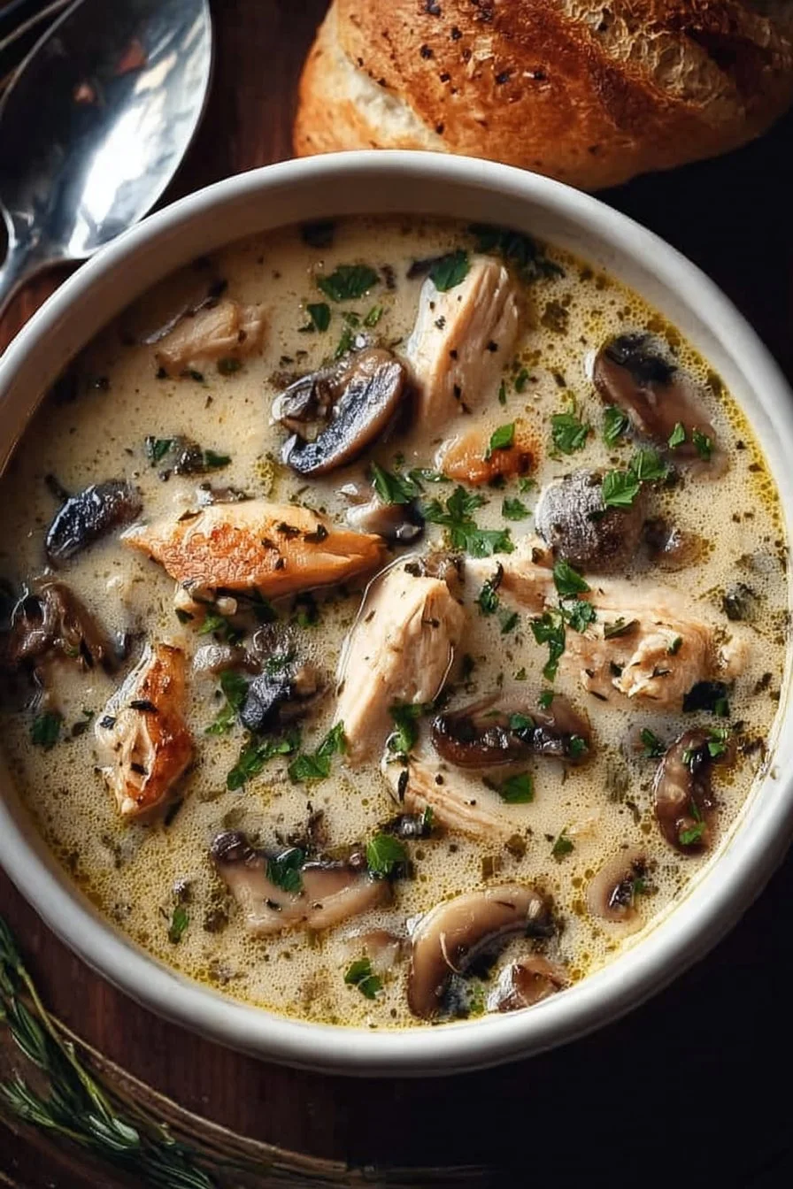 Creamy rotisserie chicken mushroom soup in a bowl with fresh herbs