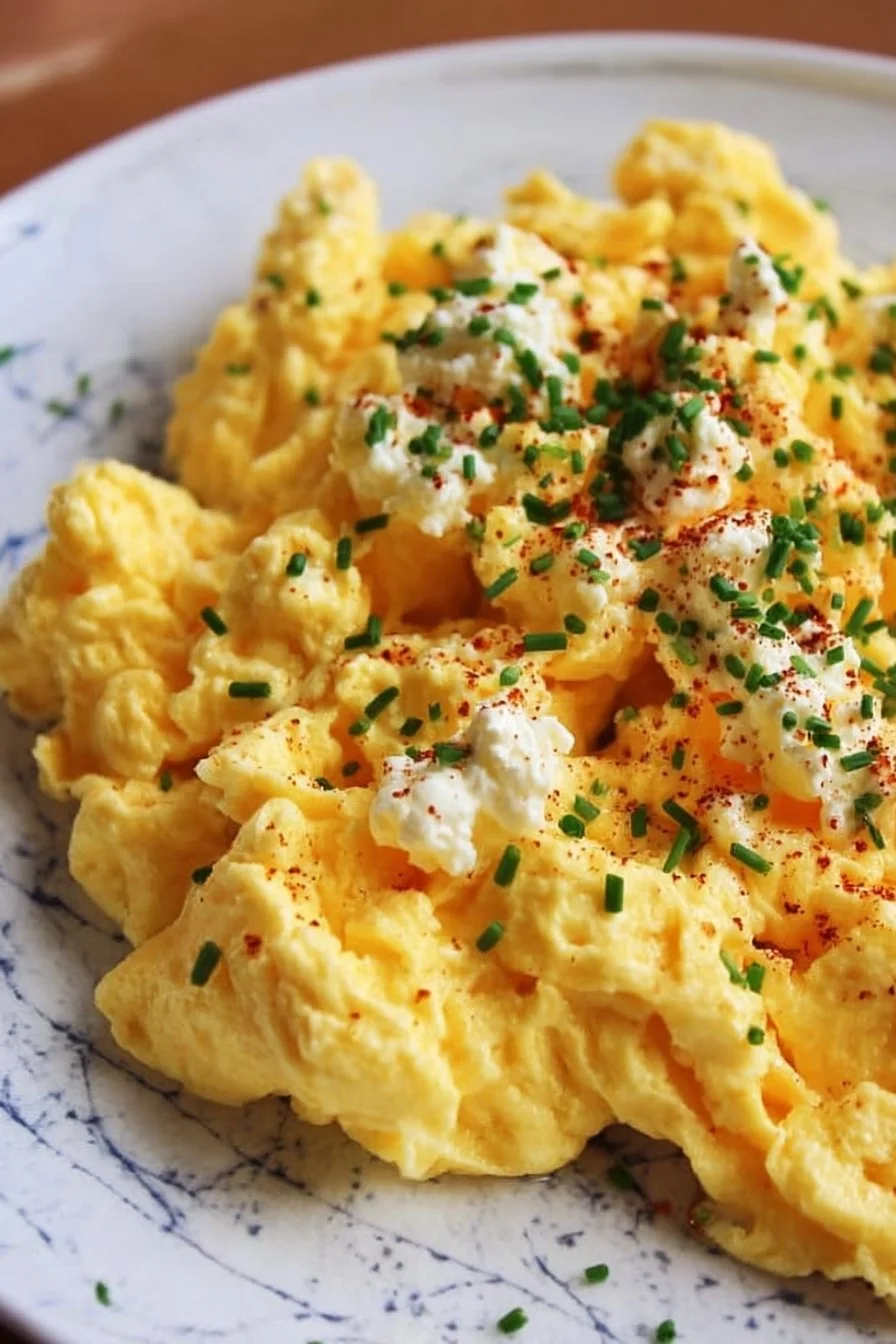 Creamy Scrambled Eggs with Cottage Cheese 3 Creamy scrambled eggs with cottage cheese served on a plate
