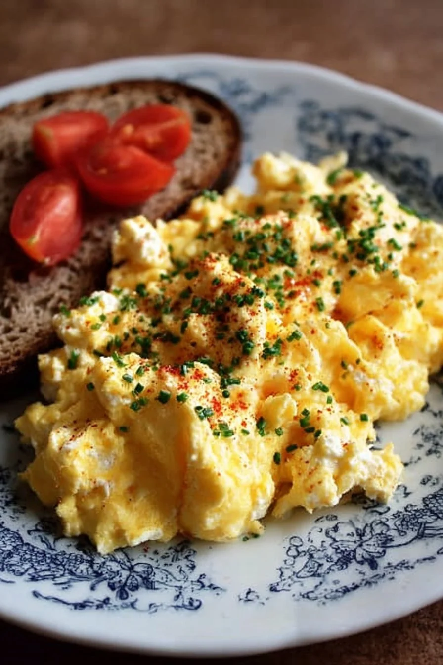 Creamy Scrambled Eggs with Cottage Cheese 3 Creamy scrambled eggs with cottage cheese served on a plate