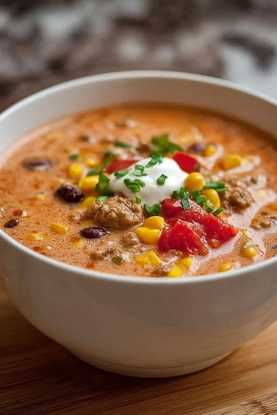 Creamy Taco Soup 2 Creamy taco soup in a bowl garnished with cilantro and cheese