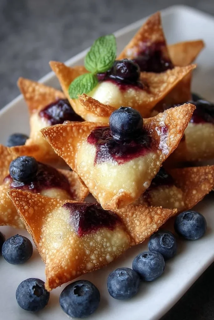 Crispy blueberry cheesecake wontons served on a plate