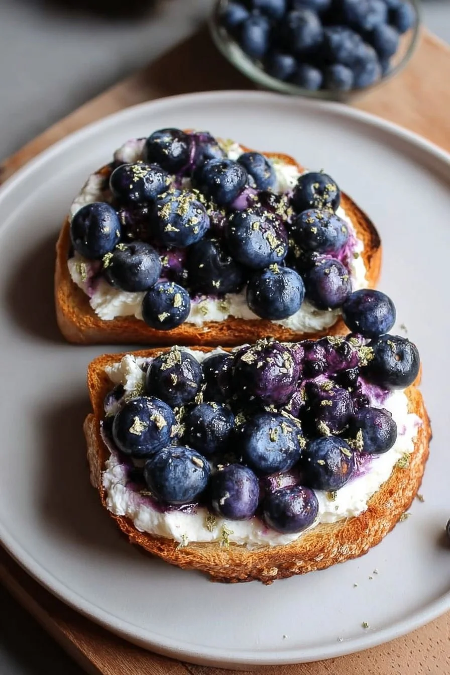 Crispy blueberry cottage cheese toast topped with fresh blueberries