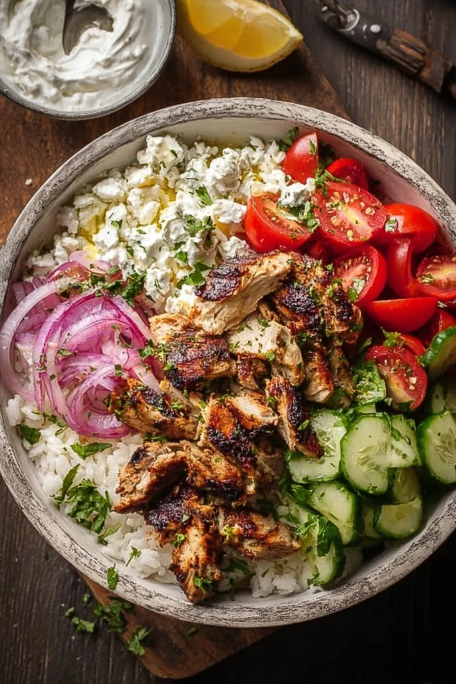 Crispy Chicken Gyro Bowl with fresh veggies and delicious sauce