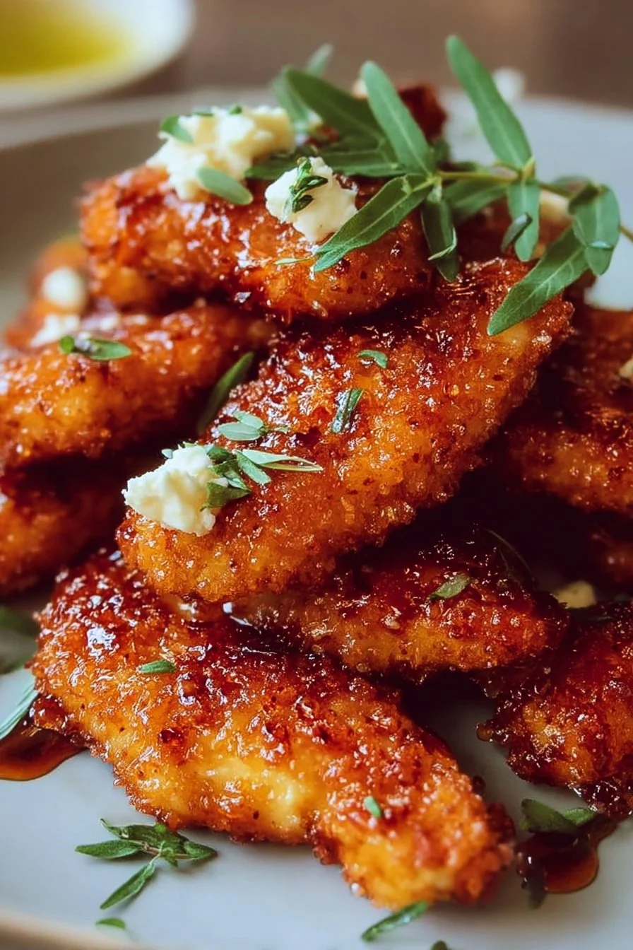 Crispy Hot Honey Feta Chicken 3 Crispy Hot Honey Feta Chicken served with garnish