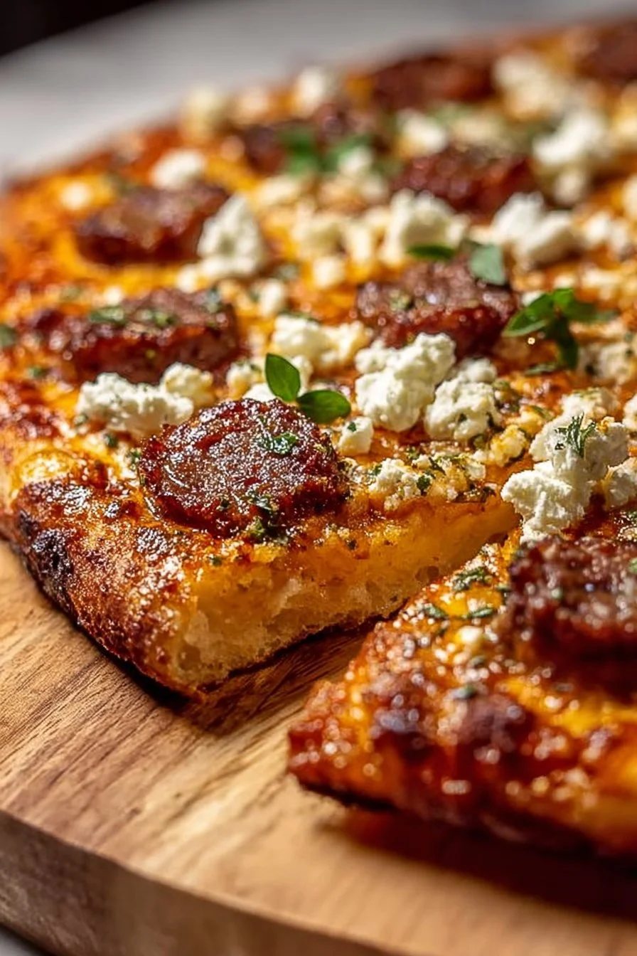 Crispy hot sausage feta honey pizza topped with fresh ingredients