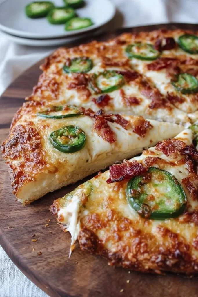 Crispy jalapeño popper pizza topped with creamy cheese and jalapeños.