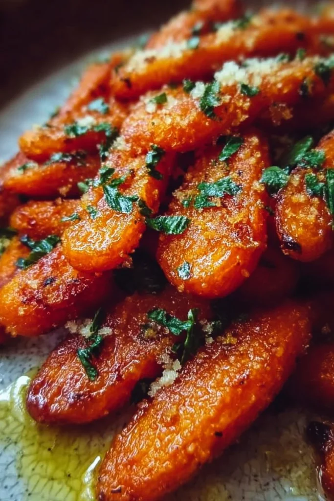 Crispy smashed carrots served on a plate, garnished with herbs.