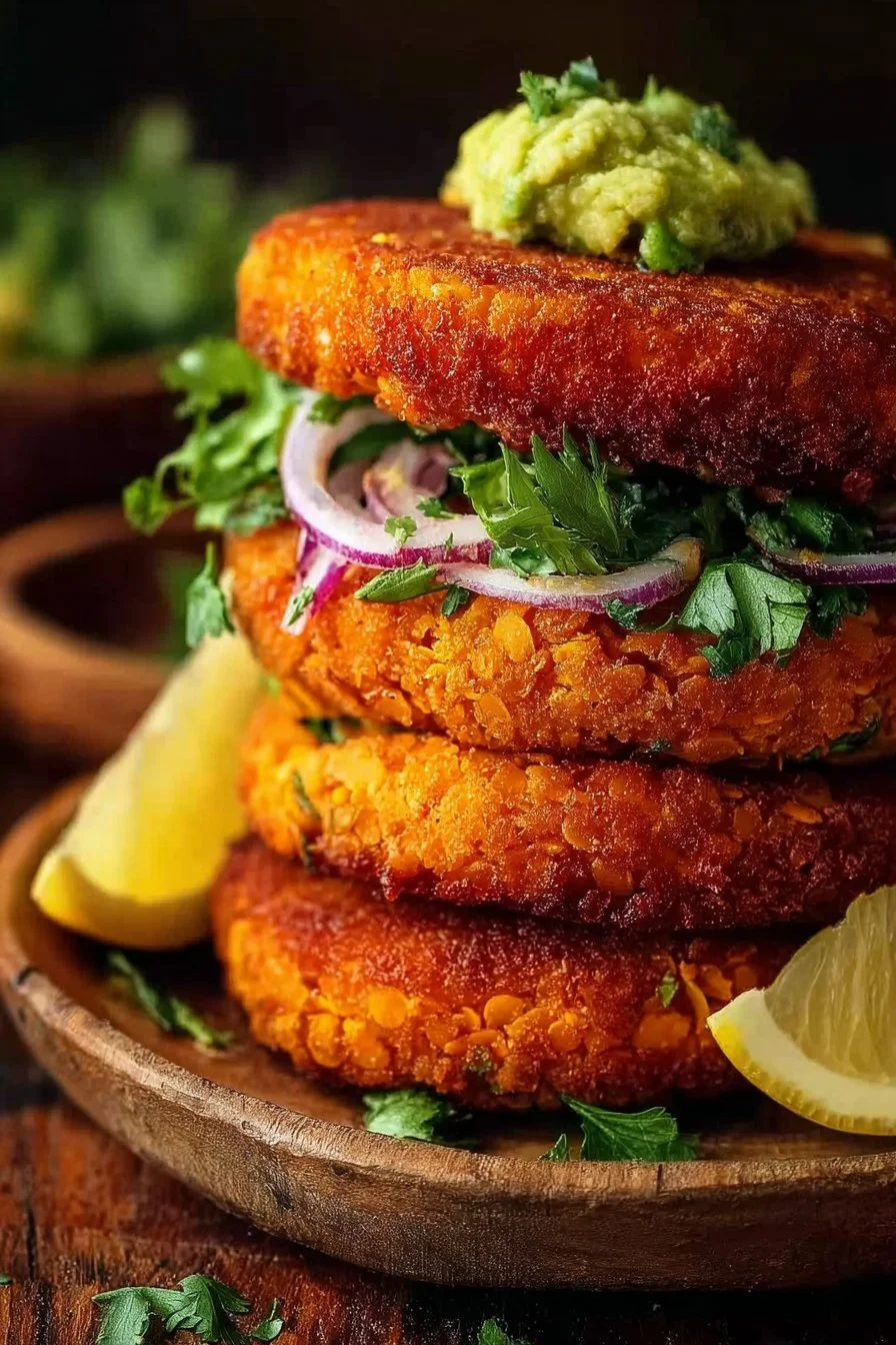 Crispy sweet potato and red lentil patties on a plate garnished with herbs.