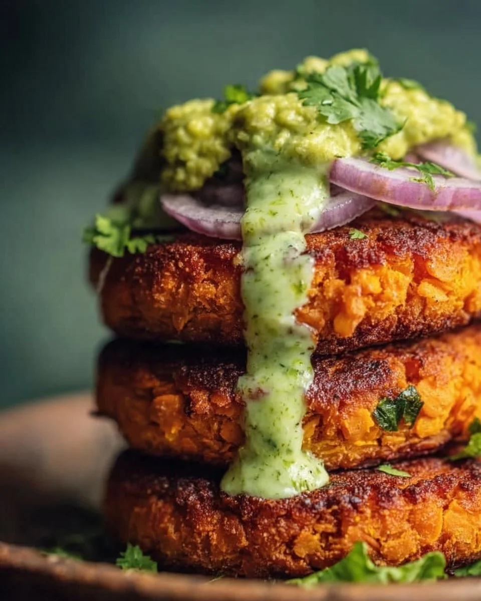 Crispy sweet potato and red lentil patties served with avocado cilantro sauce.