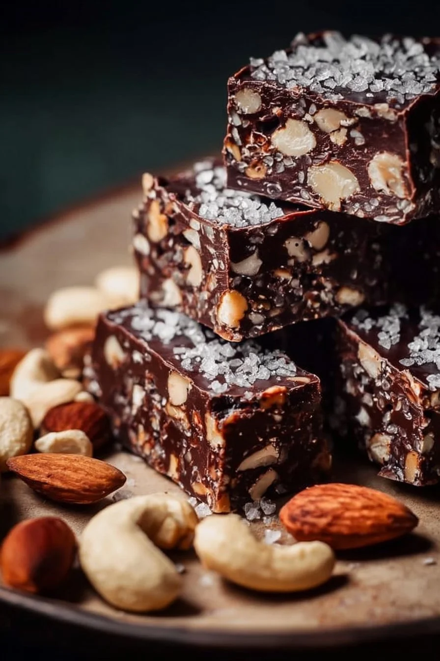 Dark Chocolate and Sea Salt Nut Bars with nuts and chocolate pieces