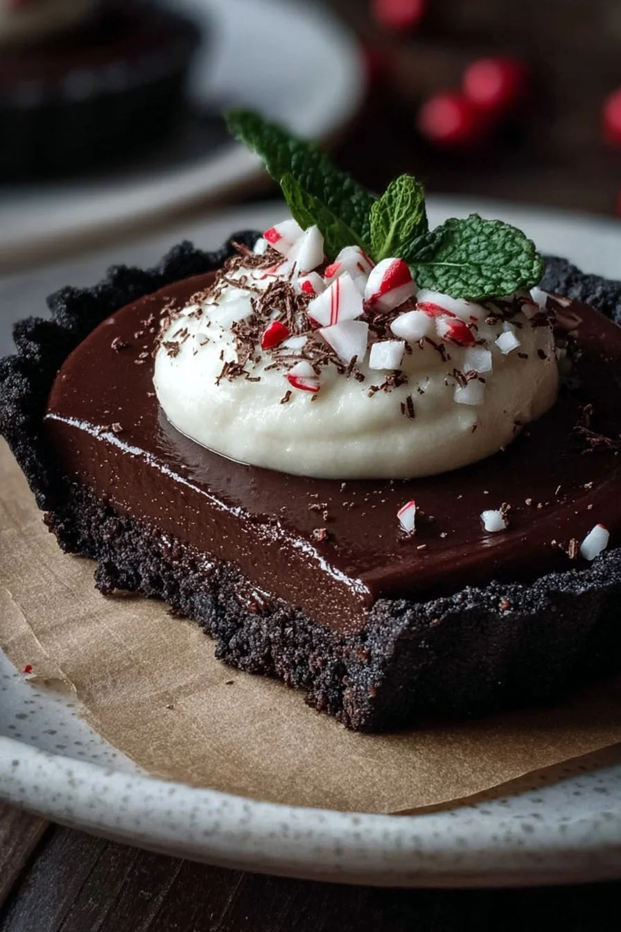 Dark Chocolate Peppermint Mousse Tart 2 Dark Chocolate Peppermint Mousse Tart with whipped cream and chocolate shavings