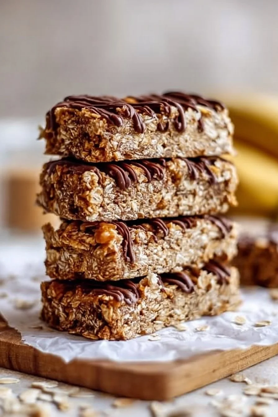 Delicious and easy banana peanut butter oatmeal bars on a wooden table