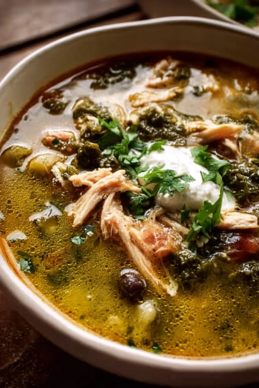 Bowl of easy chicken poblano soup garnished with cilantro and lime slices.
