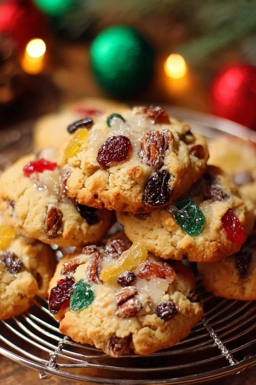 Plate of easy Christmas fruitcake cookies decorated with festive toppings