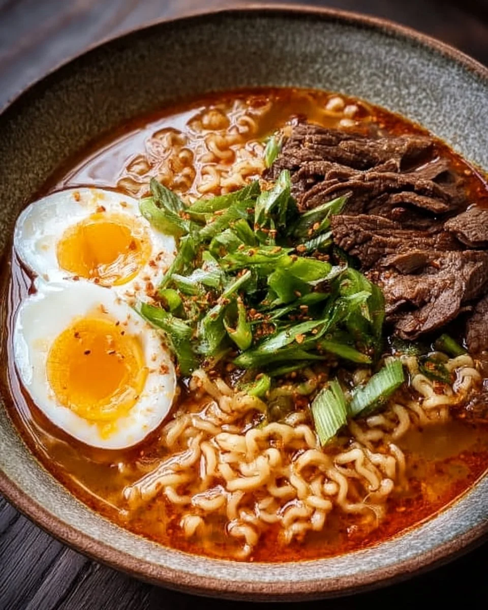 Bowl of easy spicy chicken soup ramen topped with fresh herbs and chilies