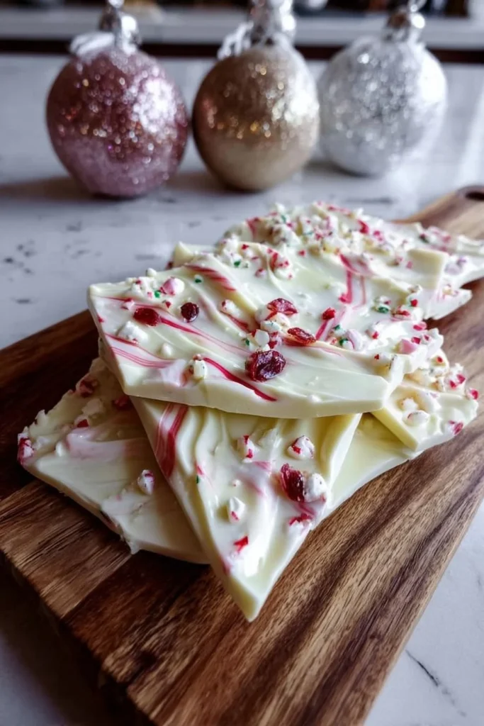 Festive white chocolate bark decorated with colorful toppings
