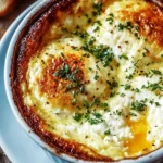 Fluffy baked cottage cheese eggs topped with herbs and served warm