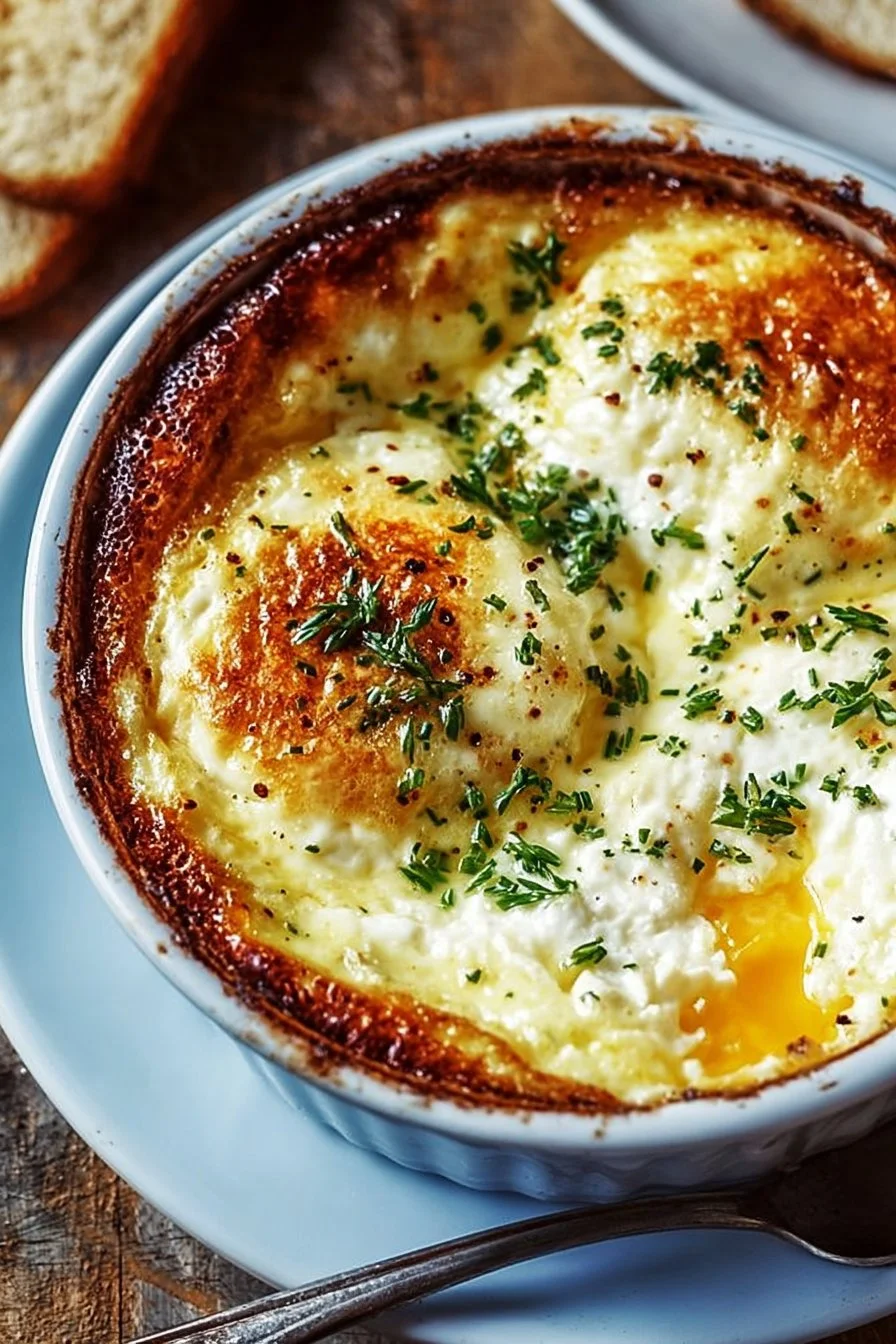 Fluffy Baked Cottage Cheese Eggs 3 Fluffy baked cottage cheese eggs topped with herbs and served warm