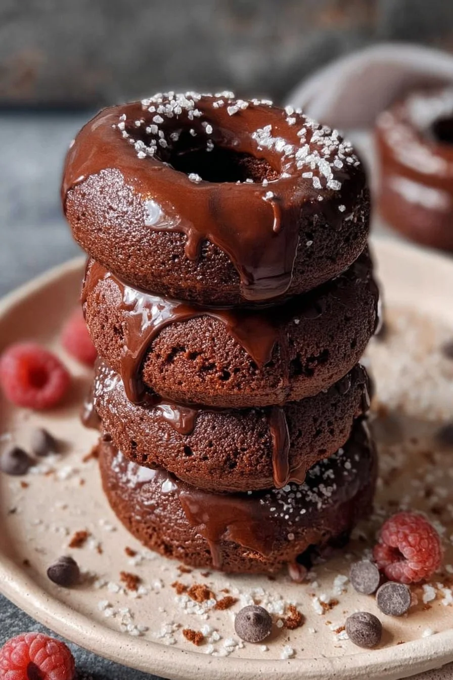 Fluffy chocolate protein donuts on a plate, perfect for healthy snacking.