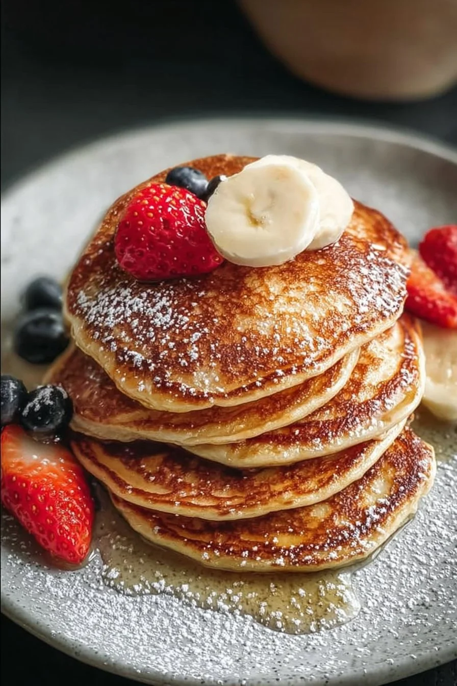 Fluffy Protein Pancakes 3 Fluffy protein pancakes served with fresh fruits and maple syrup.