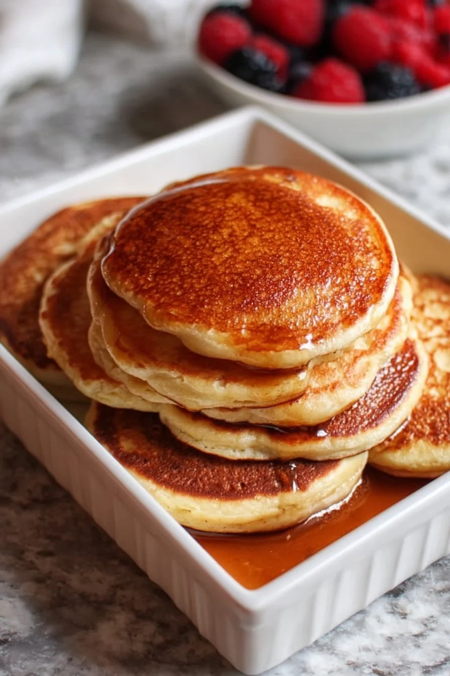 Fluffy Protein Pancakes 3 Fluffy protein pancakes stacked on a plate with fresh berries