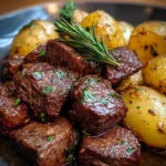 Garlic Butter Beef Bites served with seasoned potatoes on a plate