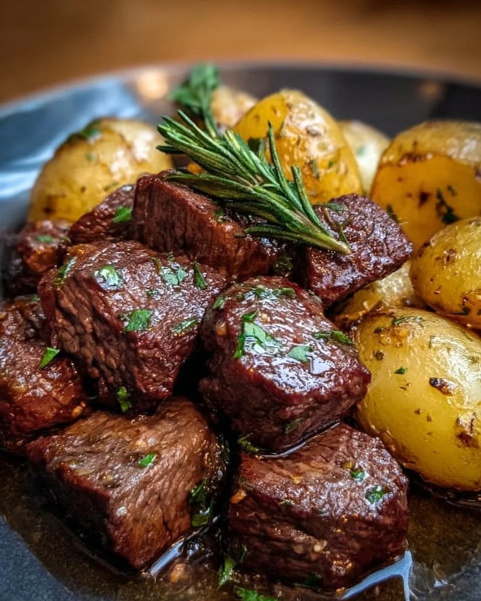 Garlic Butter Beef Bites served with seasoned potatoes on a plate