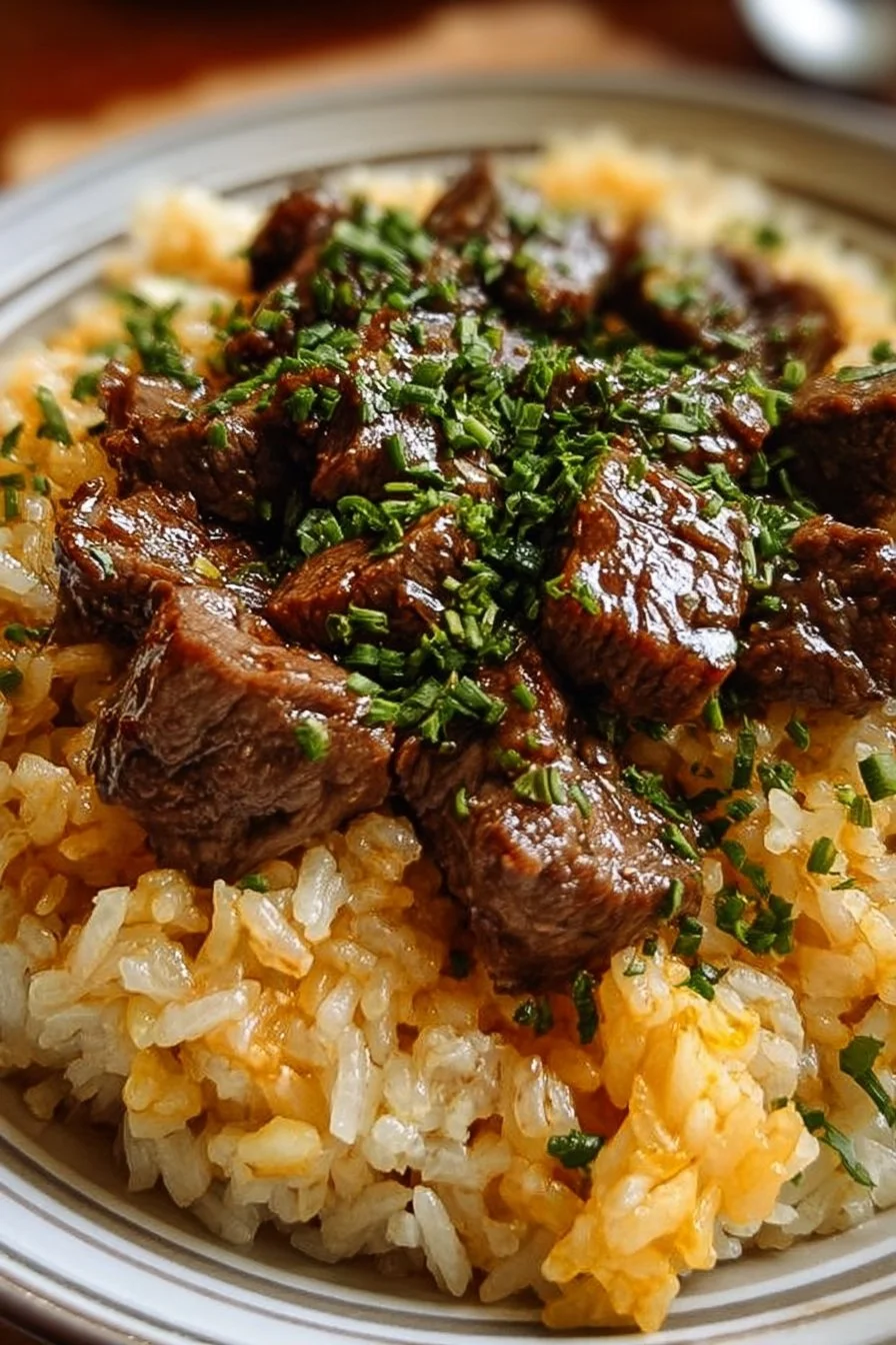 Garlic Butter Beef Rice 3 Delicious Garlic Butter Beef Rice dish garnished with herbs and served in a bowl.