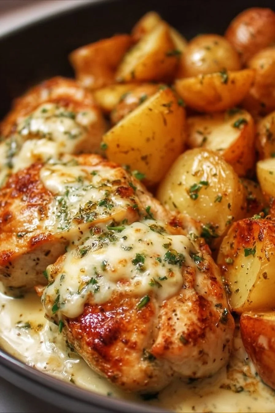 Garlic Cheesy Chicken and Potatoes dish cooked with fresh ingredients