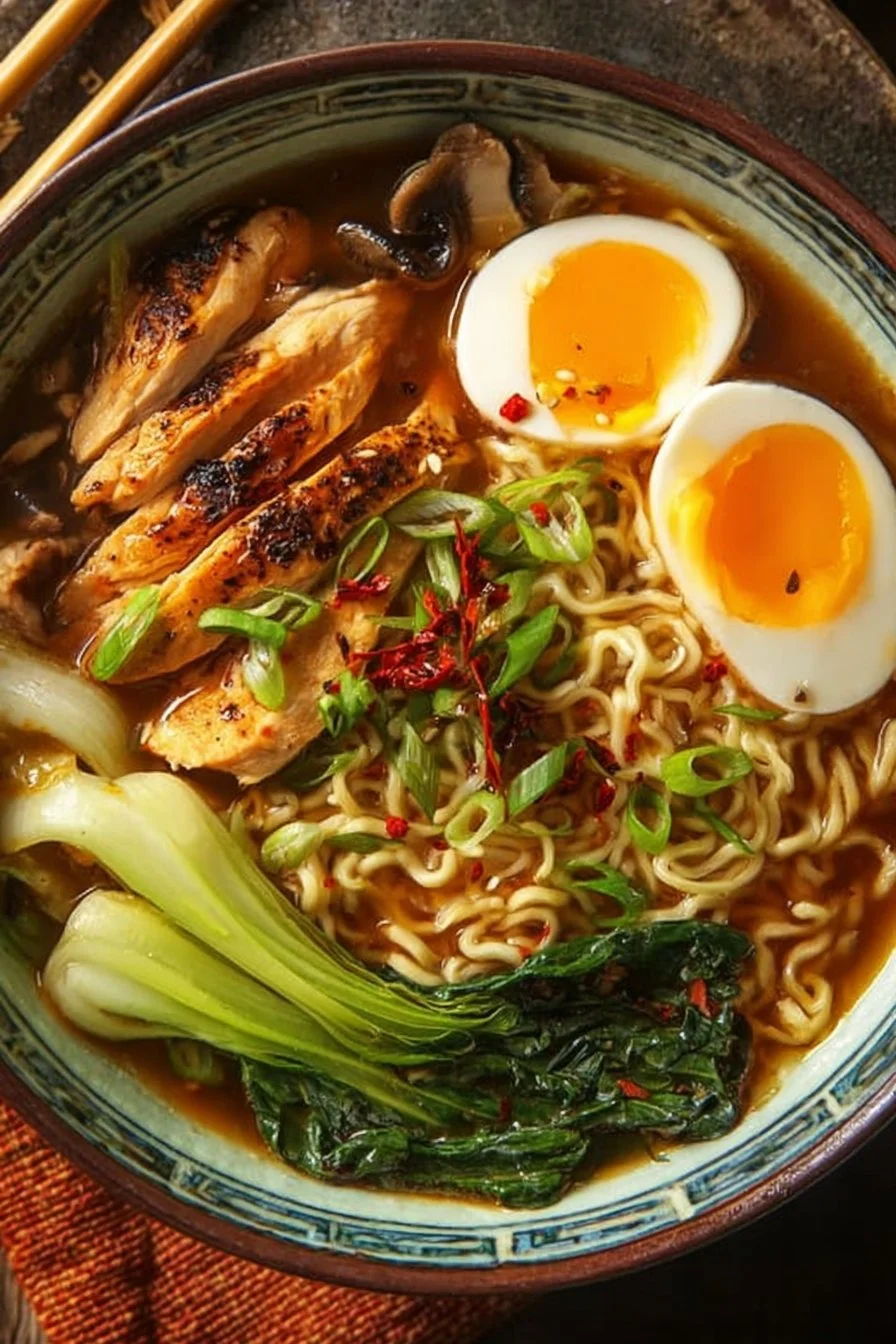 Bowl of gluten-free chicken ramen topped with fresh ingredients