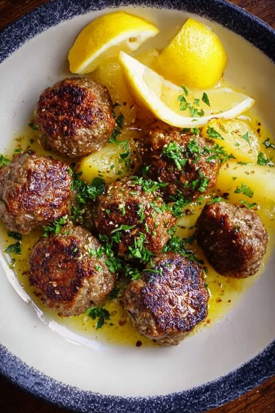 Greek Meatballs in Lemon Sauce (Keftedes) 2 Greek meatballs (keftedes) served in a lemon sauce on a plate