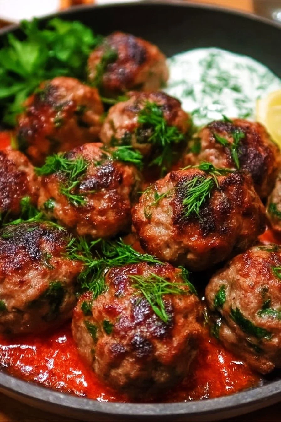 Plate of flavorful Greek Turkey Meatballs garnished with herbs